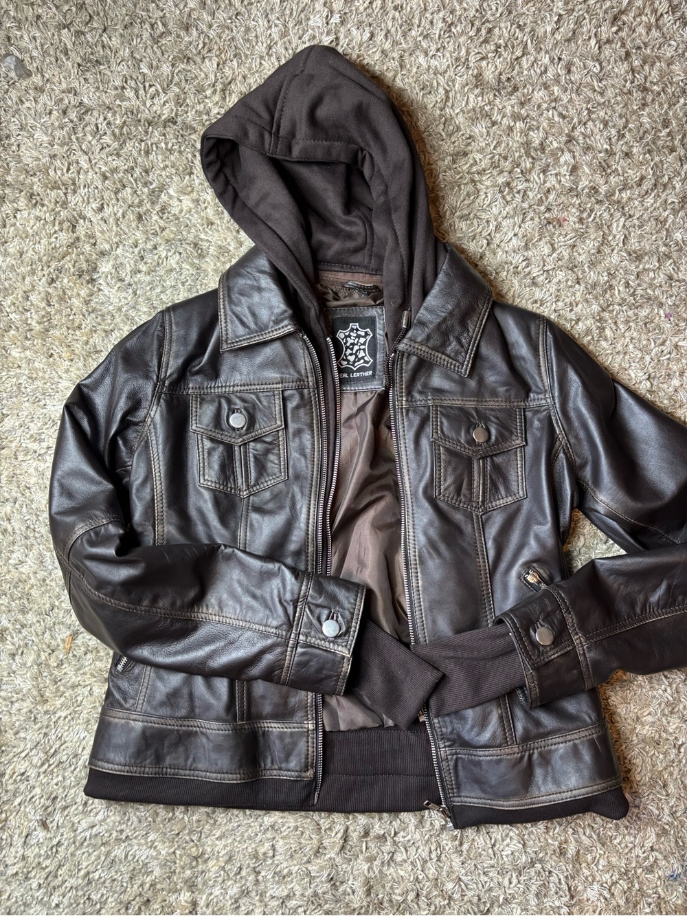 Dark Brown Womens Leather Jacket With Hood